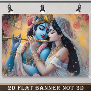 2D Flat Banner, 1pc Vibrant Krishna Flute Wall Hanging Tapestry - Colorful Hindu Deity Art with Radha and Krishna, Perfect for Home Decor, Photography Backdrops, Weddings, Birthdays, and Parties, Festive Decoration | Floral Pattern Design