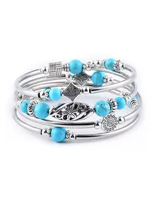 Bohemian Turquoise Bangle Bracelets for Women - Vintage Silver Stackable Cuff Bracelet Set with Ethnic Charms - Western Style Jewelry for Summer Outfits & Cowgirl Fashion Accessories