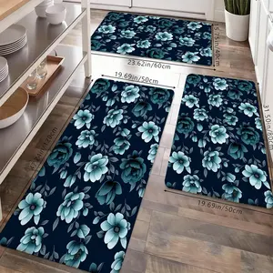 Blue Floral Kitchen Mat, Watercolor Rose Flower Non-Slip Washable Floor Mats, Aesthetic Botanical Runner Rugs for Kitchen, Living Room & Home Decor