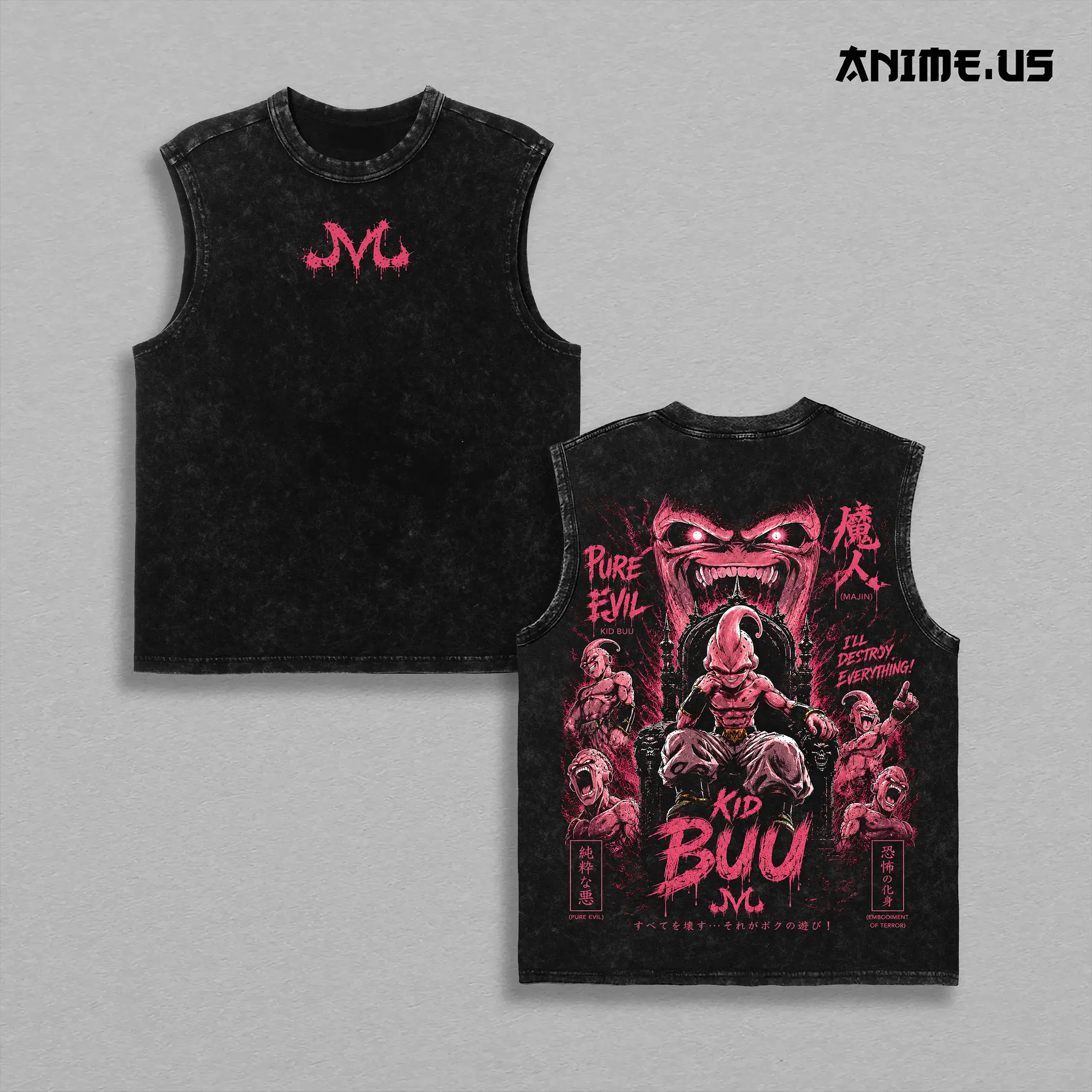 Majin Kid Buu DBZ Anime Vintage Washed Tank Top Sleeveless Gym Shirt Pink Pure Evil Graphic Heavy Cotton Muscle Tee Fitness Streetwear,clothes for back to school,first day of school outfits