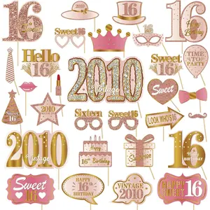 30 count 16th Birthday Photo Booth Props for Girls Women,  Rose   2010 16 Birthday Selfie Props Kit with Sticks Party Supplies Favors, Sixteen Bday Photo Props Decor