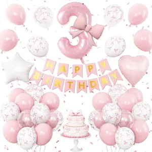 3rd Pink Bow Birthday Decorations for Girls,Pink White Clear Bow Latex Balloons Banner Star Heart Number 3 Foil Balloon Princess Birthday Theme Party Decor Supplies