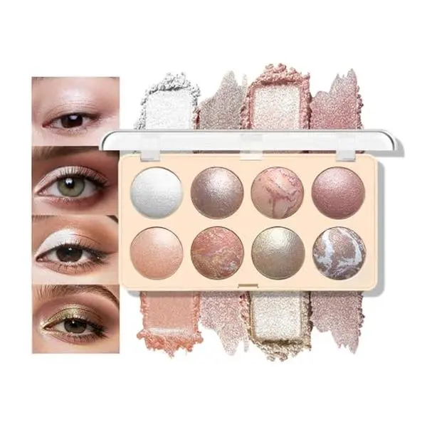 Baked Shimmer Eyeshadow Palette, Pearl Metallic Eye Shadow, Champagne Rose Gold Highlighter Eyeshadow, Luminous Baked Eyeshadow for Soft Glam Party Makeup, Long Lasting Waterproof, Sombra de Ojos 01