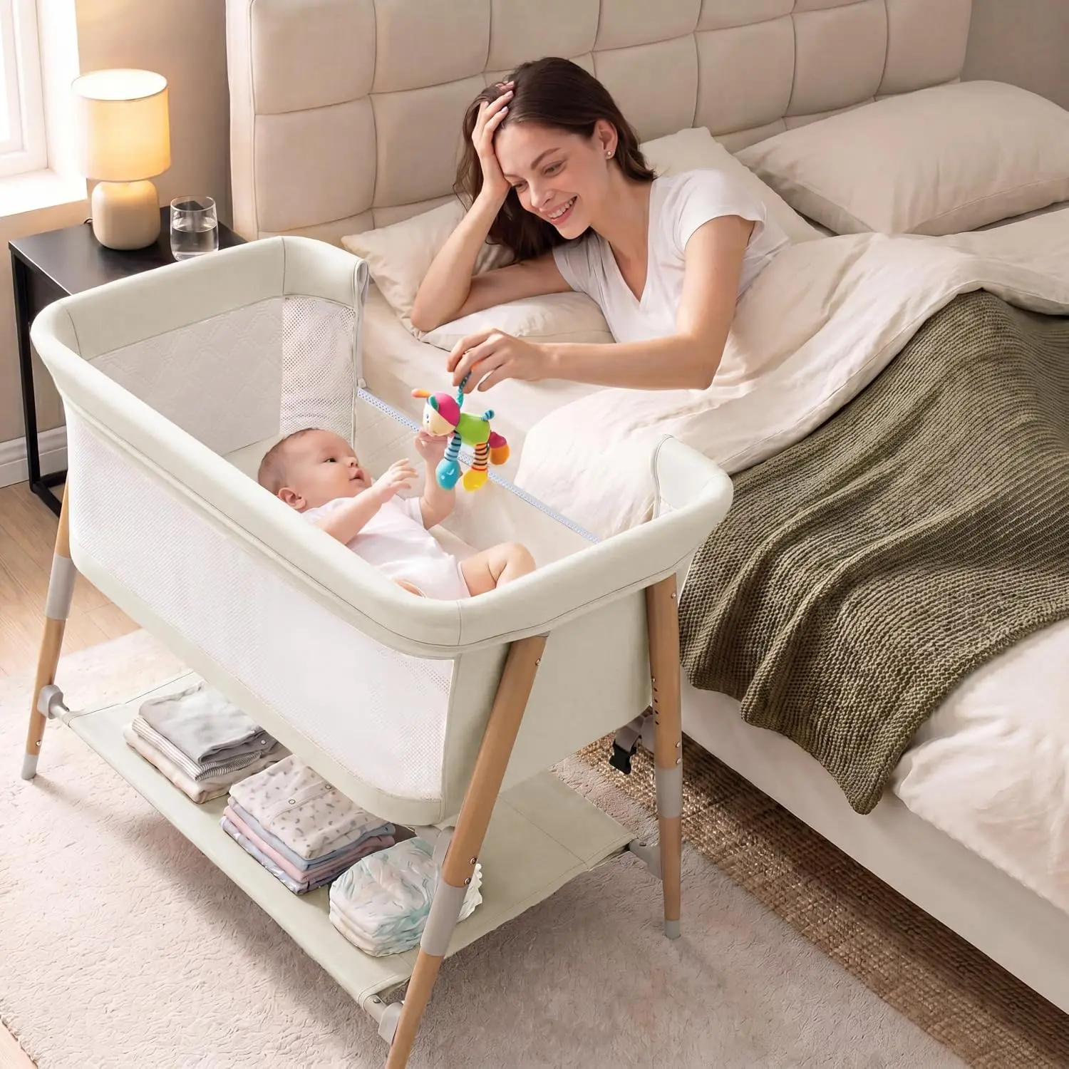 Baby Bassinet crib, 3 in 1 Bedside Bassinet Sleeper for Newborn, Portable Baby Crib with Storage Basket and Mosquito Net, Breathable Mesh & Mattress, Easy to Fold, Height Adjustable
