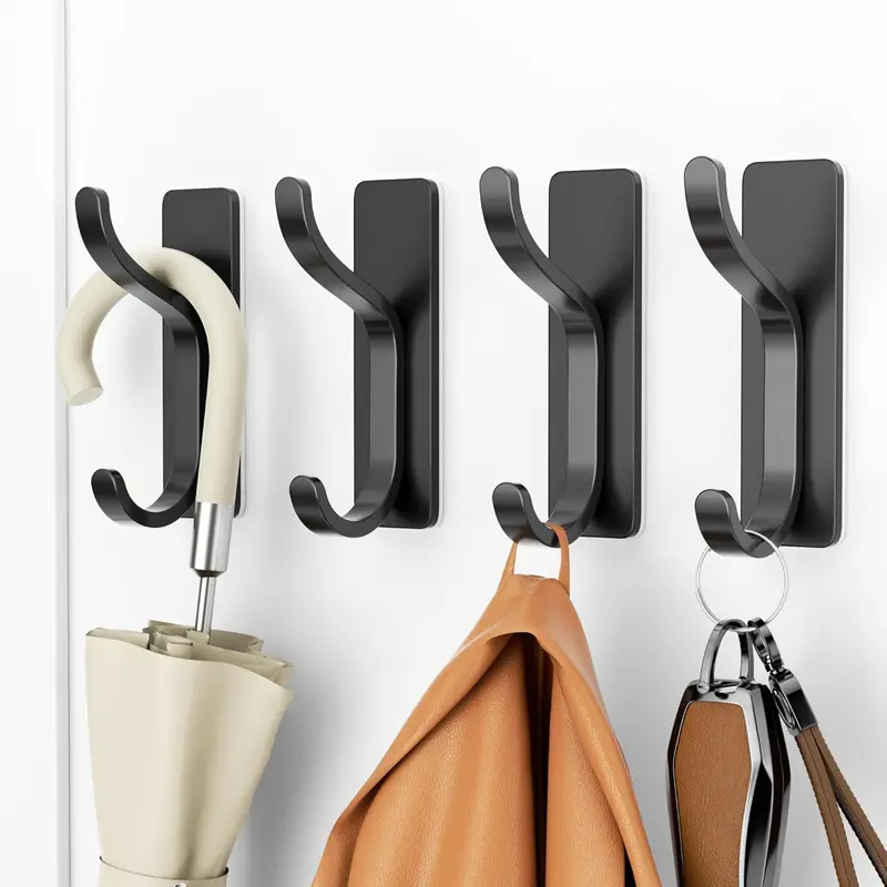Adhesive Wall Hooks for Towels Coats - Stick On Hooks Hanging Heavy Duty (13lb), Metal Hook for Door, Bathroom, Dorm, Closet - Hanger for Purse, Bag, Robe,Backpack - No  to Wall - Black 4 Pack