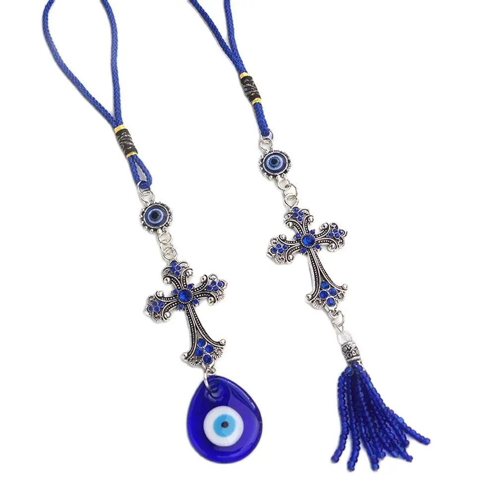 Evil Eye Keychain Car Hanging Charm Drop Turkey Lucky Blue Eye Tassel Pendant With Hand of Fatima Crucifix Fringe Chain Ornament