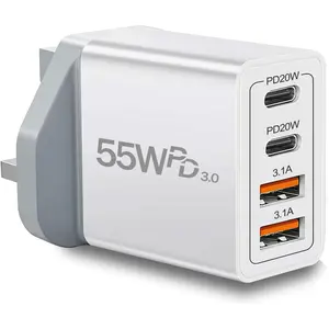 55W PD 3.0 UK Travel Plug Adapter Type G 4 Port USB C Charger Fast Block for 16 15 14 13 12 11 Pro Max XS X 8 Galaxy Pixel Android Devices