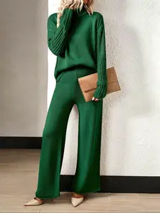 Women's High Neck Knit Top Matching Set, Loose Fit Fashionable Casual Everyday Long Sleeve Knitted Sweater and Pants, Spring Summer Fall Winter Essentials