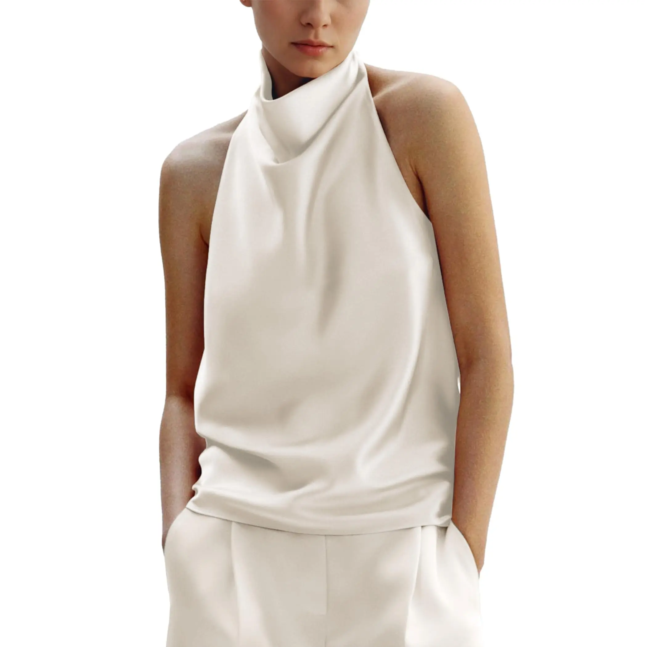 Songling Women's Sleeveless Silk Satin Halter Tank Top - Smooth, Fitted, Sexy Lady's Top with Backless Design, Draped Front Panel for Sophisticated Summer Outings