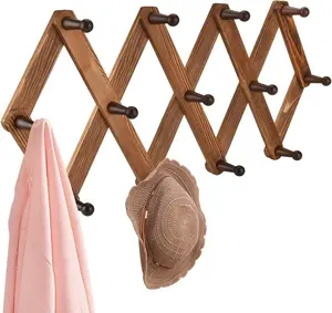 Vintage Wood Expandable Peg Rack- Multi-Purpose Accordion Wall Hangers with 13 Hooks for Hats, Coat, Mugs, Scarf, Jewelry Storage