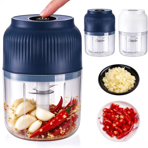 Cordless Electric Garlic Chopper with 4 Sharp Blades, 300ml Portable Kitchen Food Processor for Vegetables, Onions, Ginger, Chili, Fruit & Spices