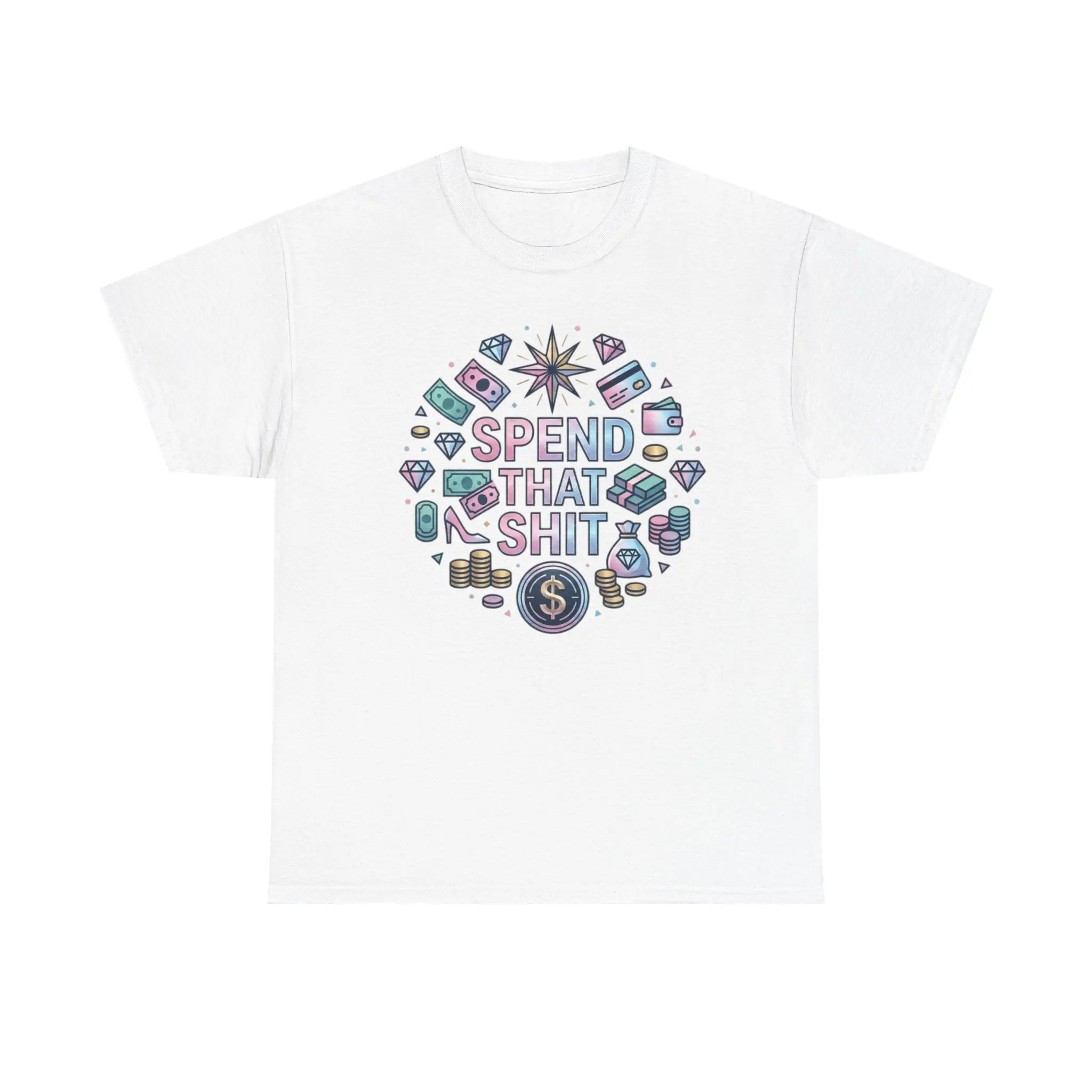 Crew Neck Graphic T Shirt Spend That Shit Money Diamond Shopping Themed Short Sleeve Casual Statement Tee For Everyday Wear