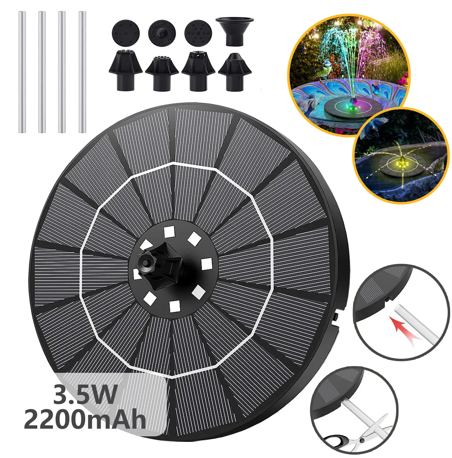 summerwins 3.5W Solar-Powered Colorful LED Floating Fountain Pump, 2200 mAh Battery, 7 Miniature Water Features, 4 Windproof Fixing Rods, Solar Water Features for Garden Pond Backyard & Outdoor Decor,campingessentials,outdoorfurnitureset,campinggear, Deco