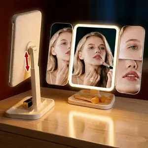 Pro Tri-fold Travel Makeup Mirror with 57 LED Lights, 1X/3X/5X Rechargeable Vanity Mirror with Light, Portable Magnifying Mirror with Light, Stepless Dimming and Touch Control Table Mirror, Perfect Gift for Mother's Day Lightweight