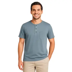 Men's Short Sleeve Henley Relaxed Fit Shirt with Pocket