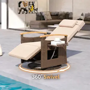 COSTWAY Patio Reclining Swivel Wicker Chair, Outdoor Rattan Chaise Lounge Recliner with Adjustable Backrest & Footrest, Flip Side Table and Soft Cushions, for Porch, Lawn, Poolside