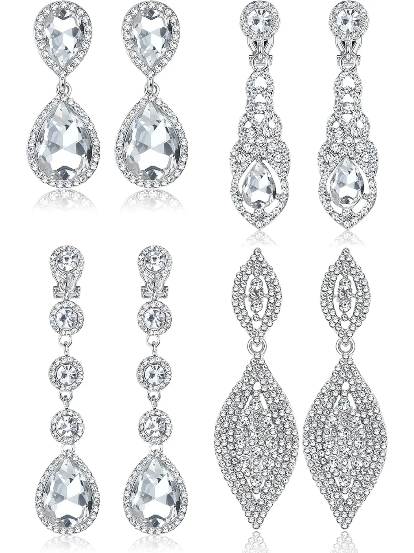 4 Pairs Clip on Earrings for Women Rhinestone Crystal Wedding Earrings Elegant Silver Teardrop Drop Dangle Clip on Earrings for Bride Bridesmaid Non Pierced Earrings Classic Style Fashionable Earrings Ear Jewelry
