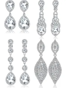 4 Pairs Clip on Earrings for Women Rhinestone Crystal Wedding Earrings Elegant Silver Teardrop Drop Dangle Clip on Earrings for Bride Bridesmaid Non Pierced Earrings Classic Style