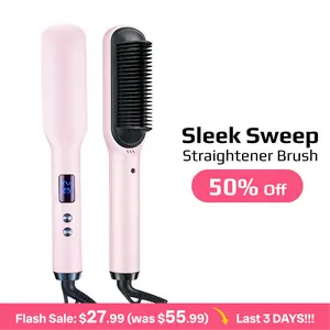 Hair Straightener Brush Straightening Comb for Glass Hair, Sleek Straight, Frizz‑Free Daily Styling | Fast Heating Ionic Ceramic Straightener Brush with 5 Heat Settings, Auto Shut‑Off, Anti‑Scald, Dual Voltage  hair  brush Pink Smooth