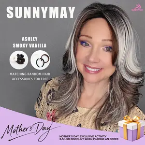 Ashley 16-inch mid-length layered synthetic wig for women, smoky vanilla color, natural scalp, 3.5×4.5 inch hard silky top wig curly bang