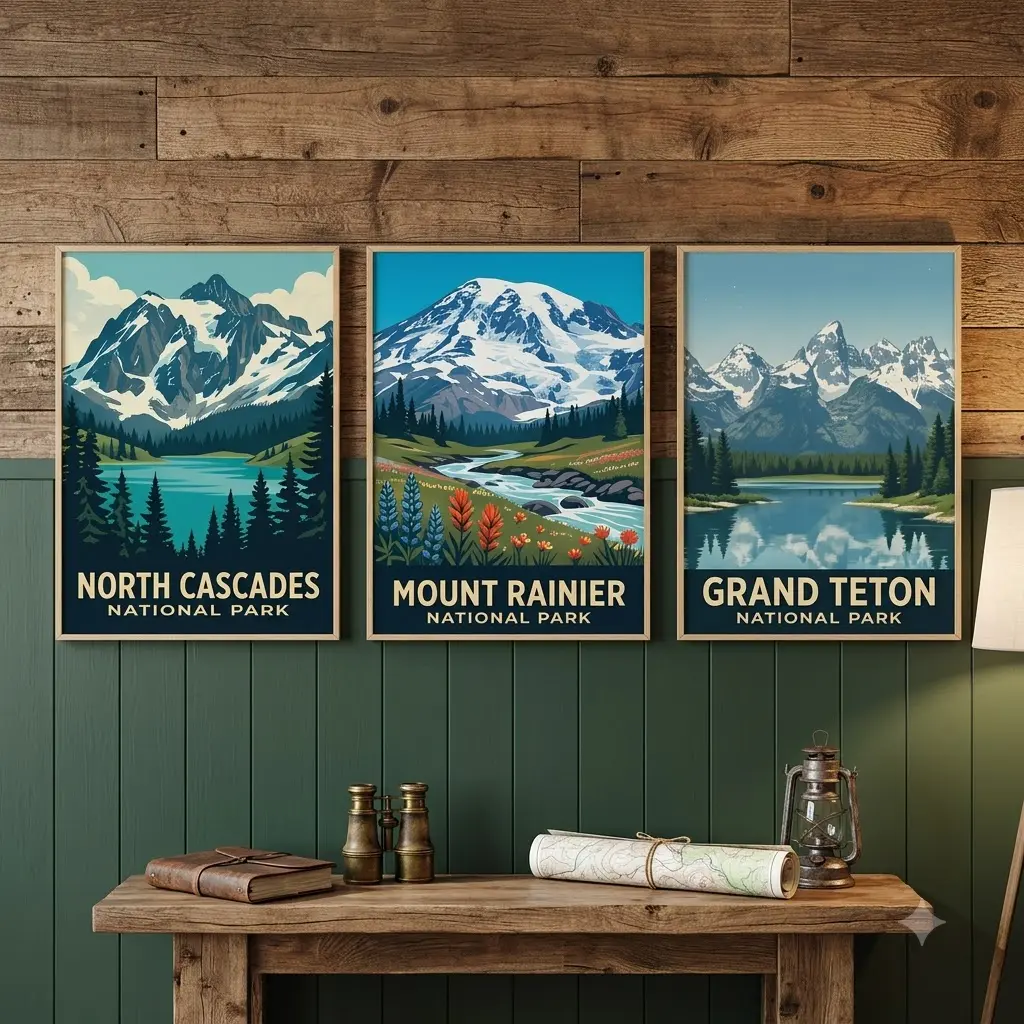 Set of 3 National Park Mountain Posters, Vintage Landscape Wall Art Prints, Rustic Cabin Decor, Nature Wall Decor, Forest Lake Artwork