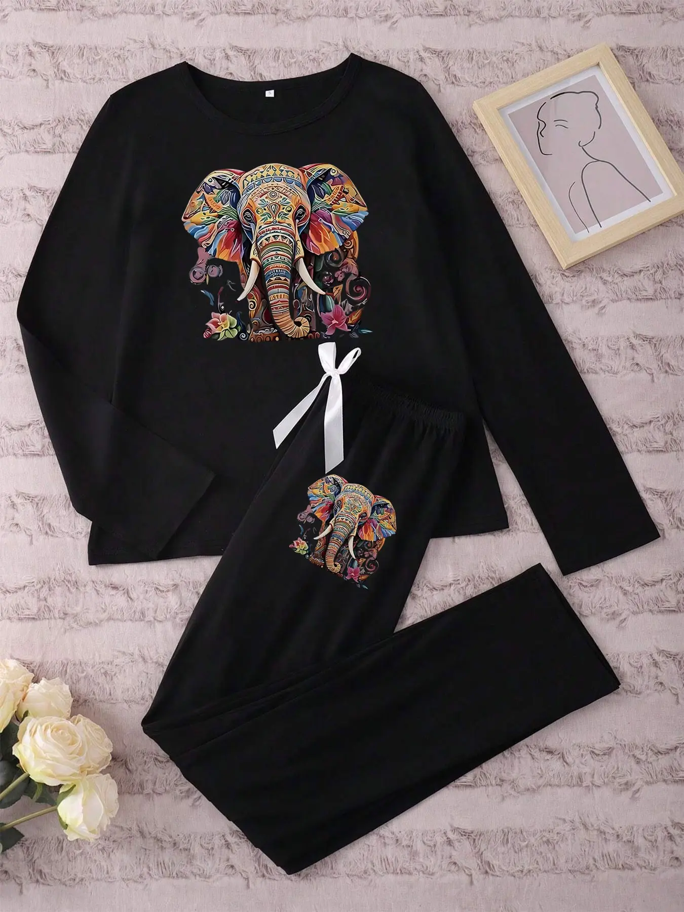 Long Sleeve Pajama Set with Elephant Print, Casual Fitted Spring & Fall Loungewear, Cozy Cartoon Style Sleepwear