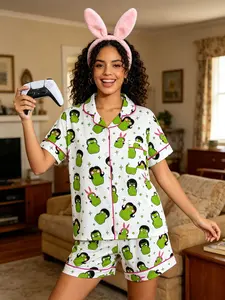 Hamburger Cartoon Pattern Pajama Set, Cute Button Front Two-Piece Sleepwear, Soft and Comfortable Women's Nightgown, All Seasons Loungewear