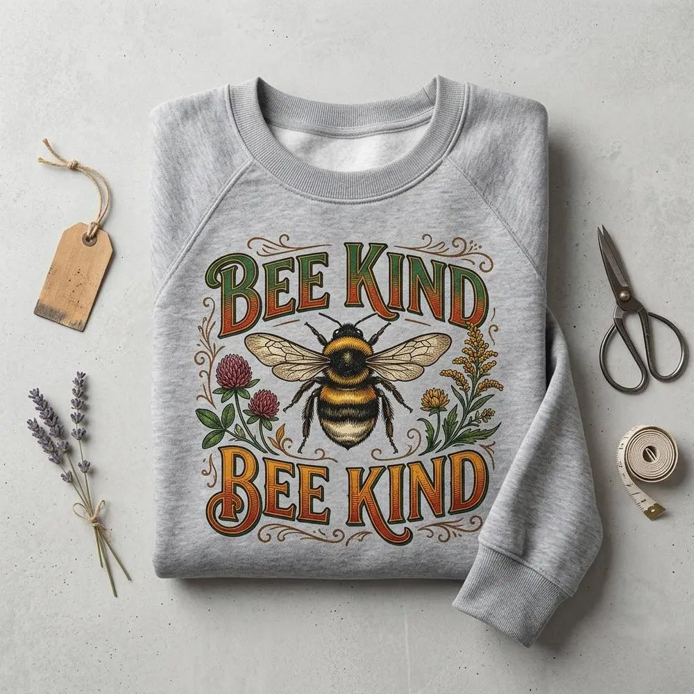 Women's Bee Kind Sweatshirt, Vintage Botanical Honeybee Graphic Pullover, Fitted Polyester Blend Digital Print, Long Sleeve, Botanical Art, All Seasons, Crew Neck, Full Length, Do Not Dry Clean, Pull On, Fitted Cut, Graphic Bee, Hoodie, Round Neck