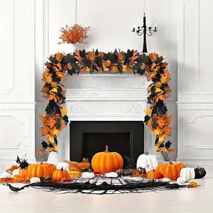 Halloween Garland 5.74ft Gothic Maple Leaf and Pumpkin Vine with Spider Accents, Spooky Fall Decoration for Fireplace and Home
