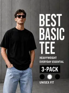 Unisex 3-Pack Heavyweight Cotton Tee – 180gsm Soft Breathable Crew Neck Basic Shirts, Everyday Streetwear Essential, Fade Resistant