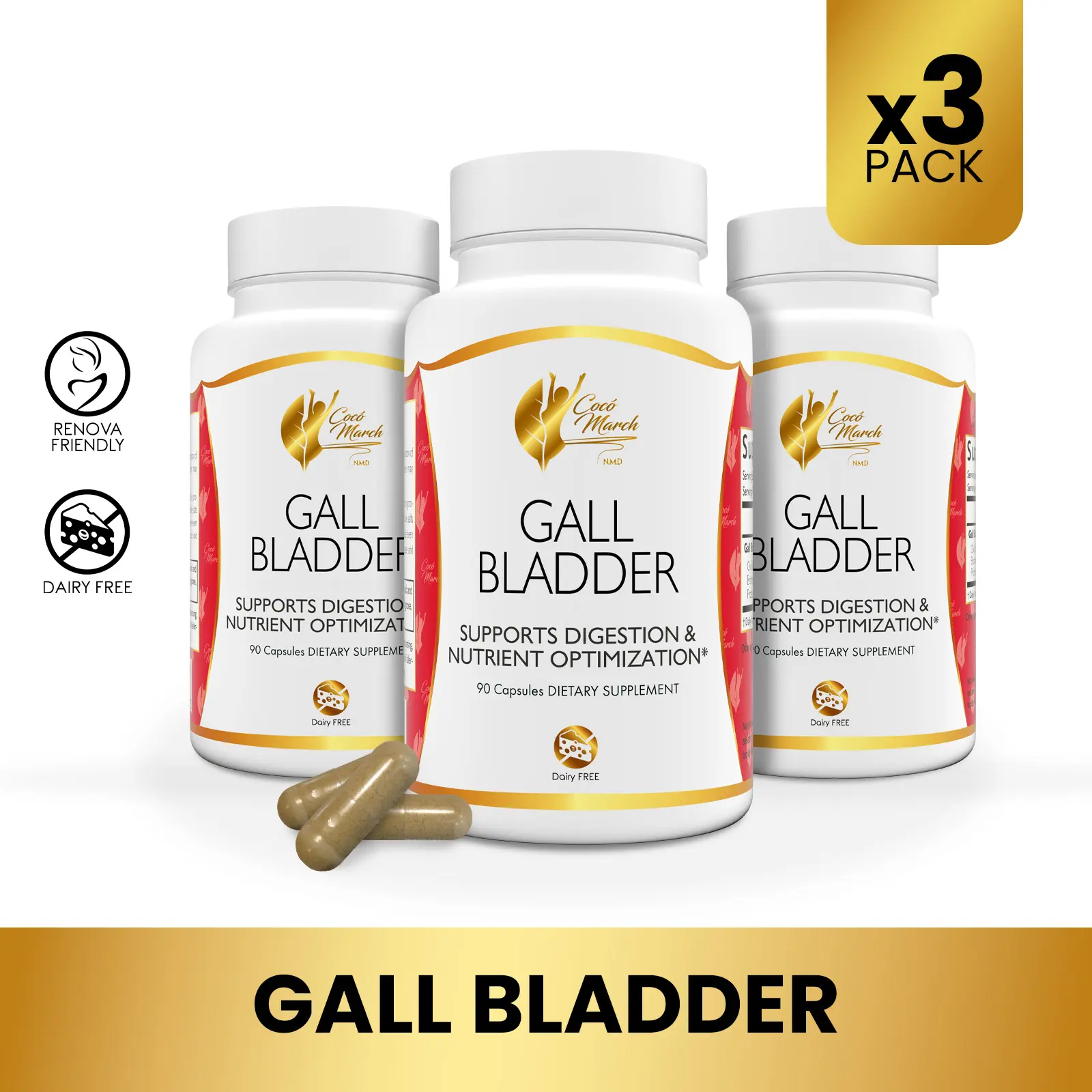 3 Bottles of Cocó March N.M.D Gall Bladder Wellness Support Supplement, Dietary Supplement, 90 Servings per Pack Healthcare Edible Vitamin Fitness Muscle