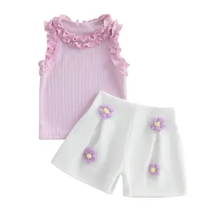 2Pcs Baby Girl Summer Outfits Sleeveless Ruffle Tank Tops + Crochet Flower Shorts Set Toddler Clothes