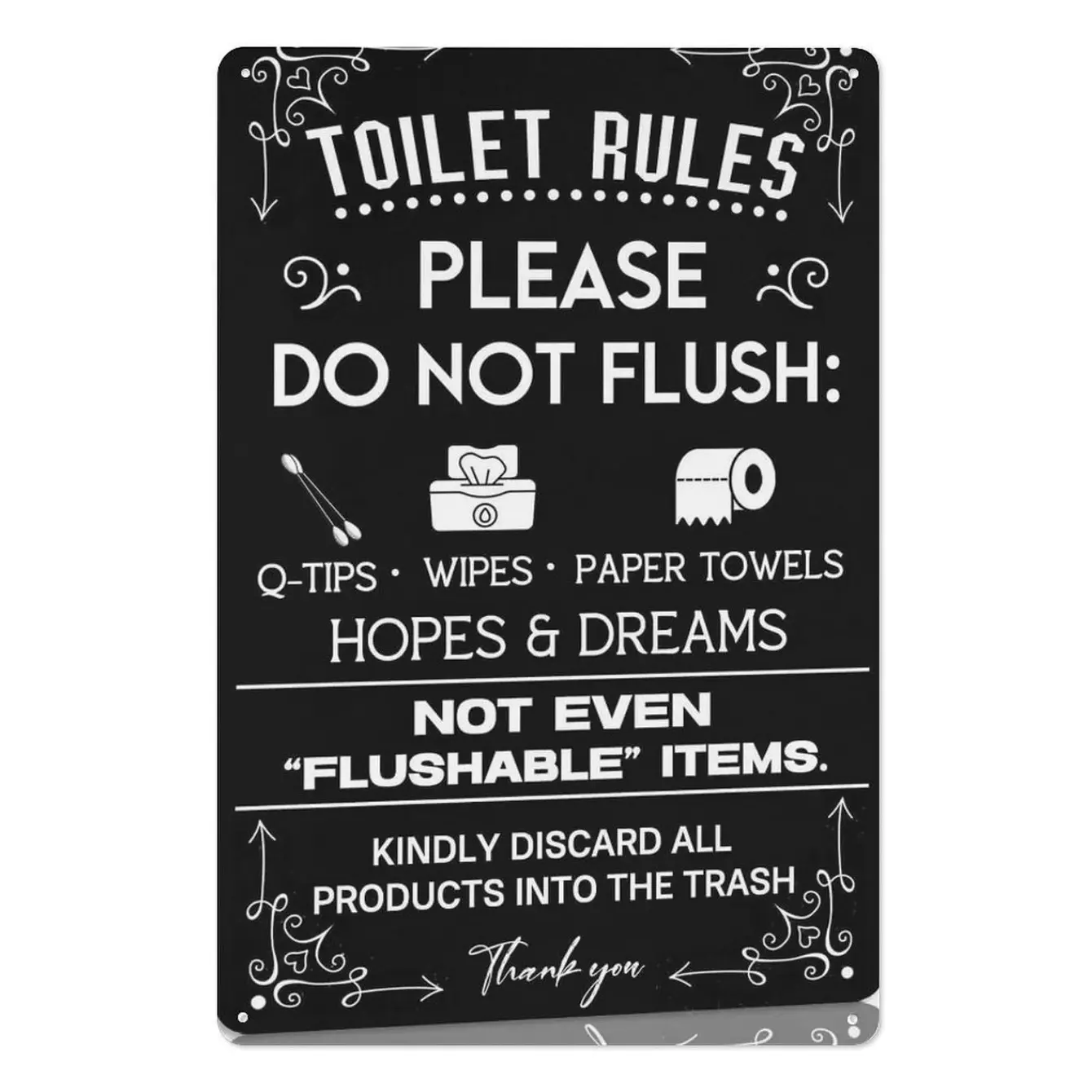 8x12in Steel Funny Bathroom Rules Metal Sign - Do Not Flush Q-Tips, Wipes, Paper Towels, Hopes & Dreams - Vintage Home Restroom Decor Plaque