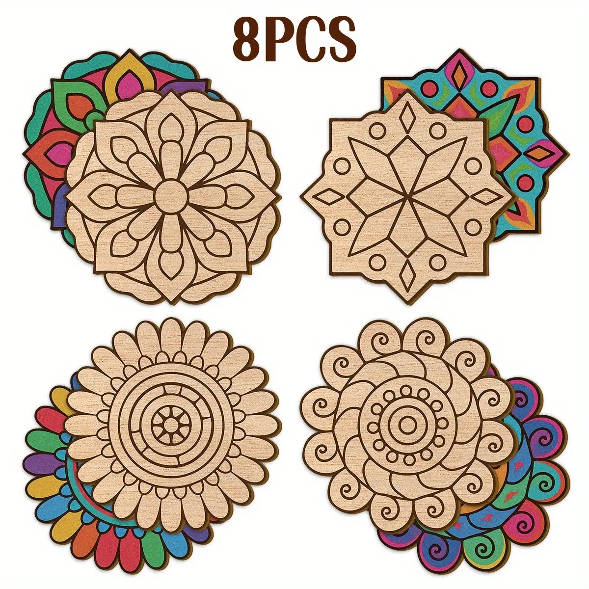 8pcs Large Wood Mandala Coloring Kit with Stickers - Pre-Cut Templates (Stars, Flowers, Hearts) for DIY Paintable Ornaments, Art Supplies for s &, Therapeutic Craft Activity, Decorative Craft Set