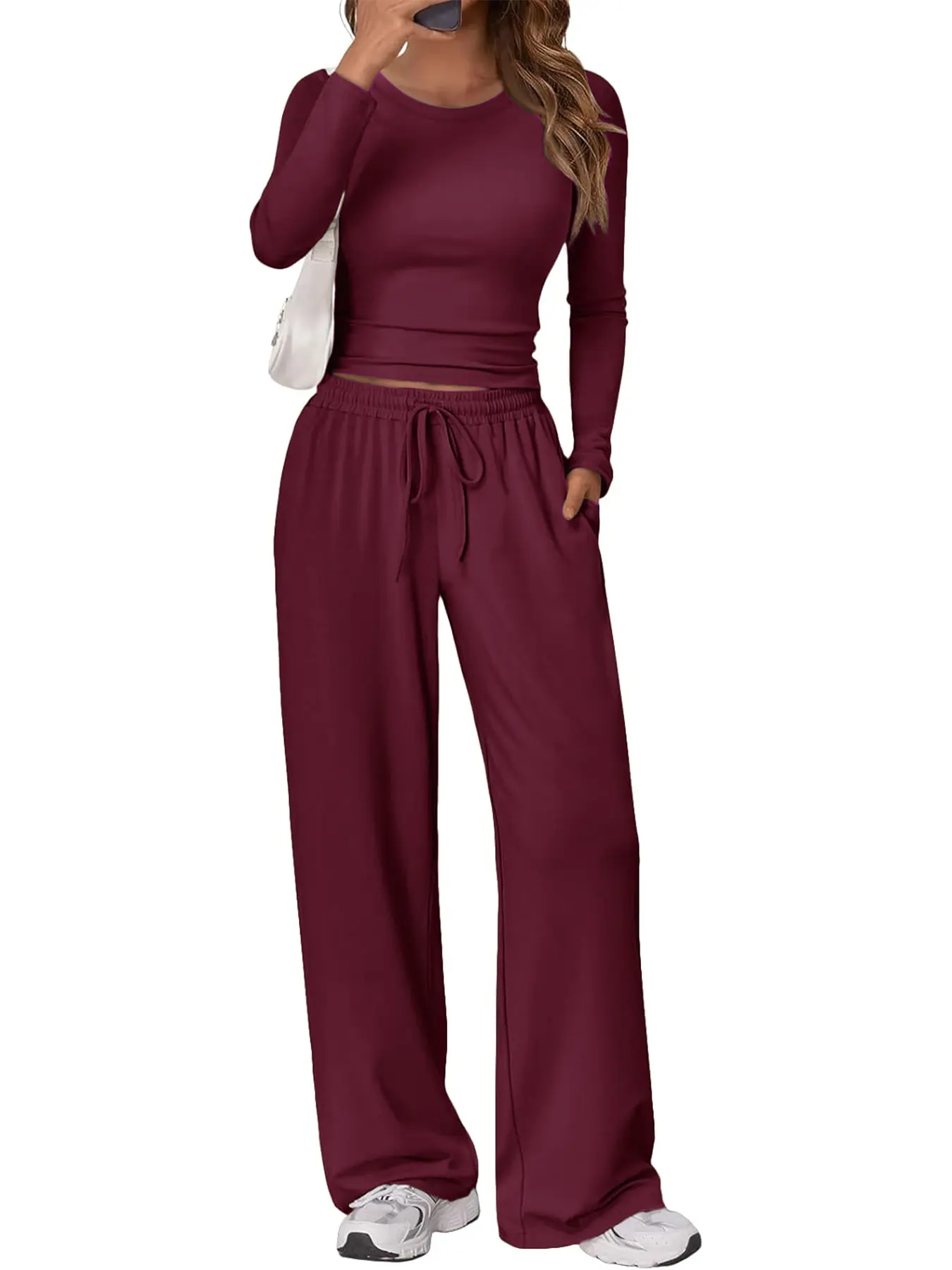 New Women's 2-Piece Round Neck Casual Sportswear Set, Sweatsuits Set, Drawstring Sweatpants Set, Fall Winter Solid Color Long Sleeve Pants Home Wear, Simple Fashion Drawstring Pocket, Casual Sportswear Outfit