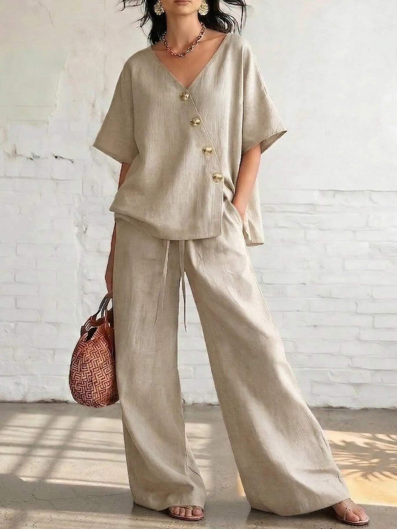 Women's Fashion Casual Minimalist Solid V-Neck Loose Oversize Short Sleeve Top and Drawstring Long Pants Two-Piece Set, Adjustable, Comfortable and Stylish, Plain Pants Set
