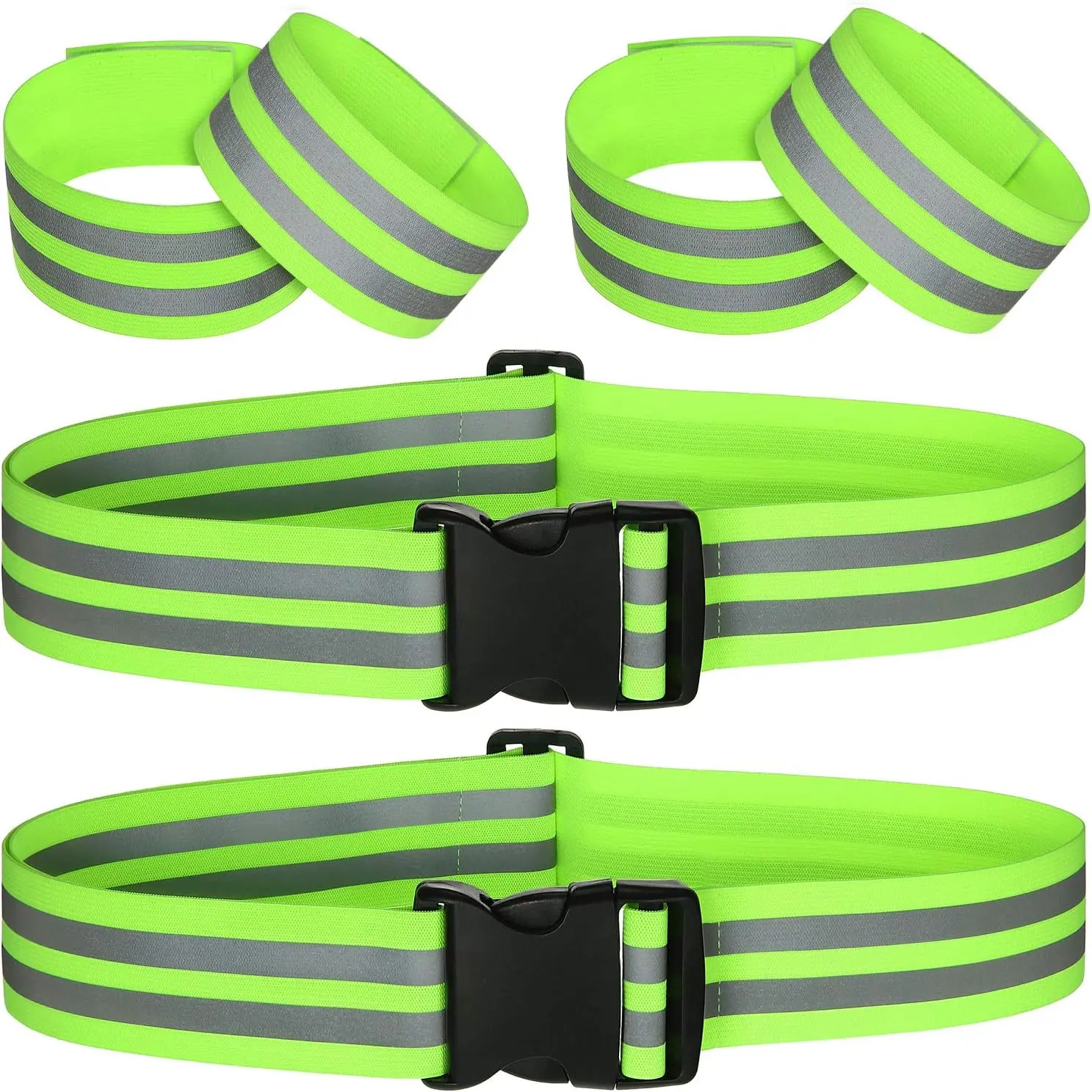 Unisex 6-Piece 2" Width Adjustable Reflective Striped Band Straps Pack - Polyester Nylon, Comfortable Breathable Lightweight High-Visibility Sports Safety Gear for Teenagers' Running, Biking, Jogging (Proper Size, Green)