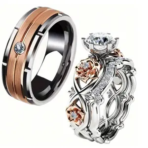 1pc Men's Stainless Steel Lover Ring And 2pcs Women's Rose & Cubic Zirconia Wedding Engagement Ring Set, Surprise Jewelry Gift For Anniversary And Christmas