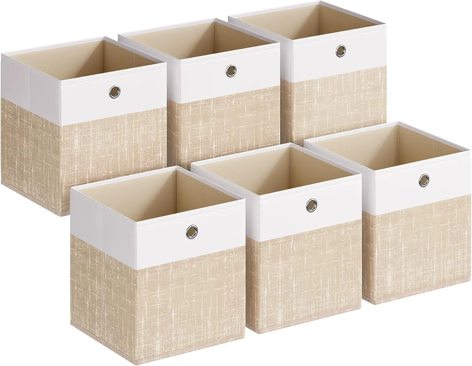 SONGMICS Storage Cubes, Set of 6 Foldable Fabric Bins with Handles for Closet Shelves, Cloud White and Sand Beige