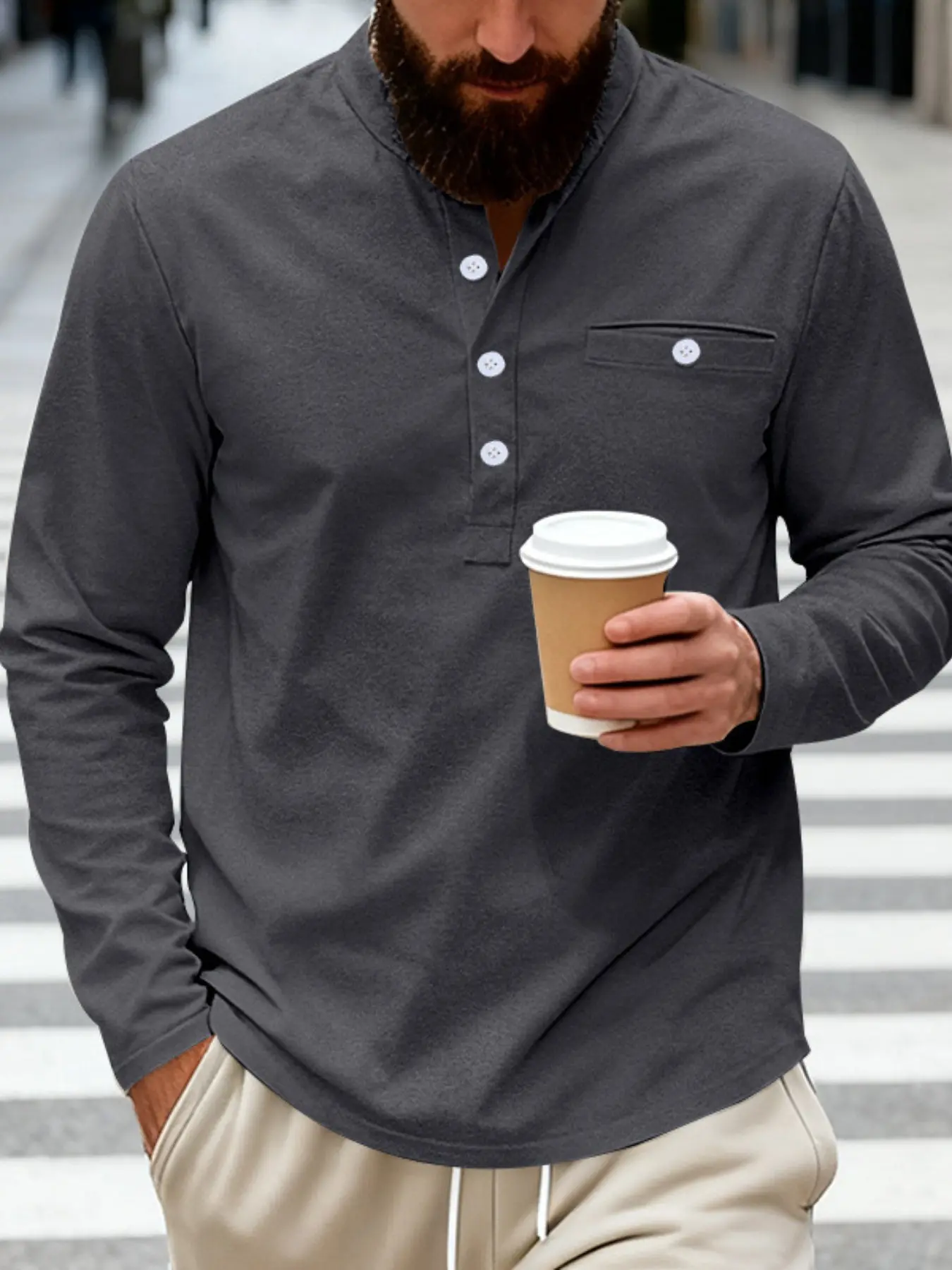 Men's Spring ＆ Summer Outfits Pure Color Casual Beige Henley Shirt, Long Sleeve Stand Collar, Button Placket with Chest Pocket, Soft Lightweight Fabric, Everyday Wear Top for Men