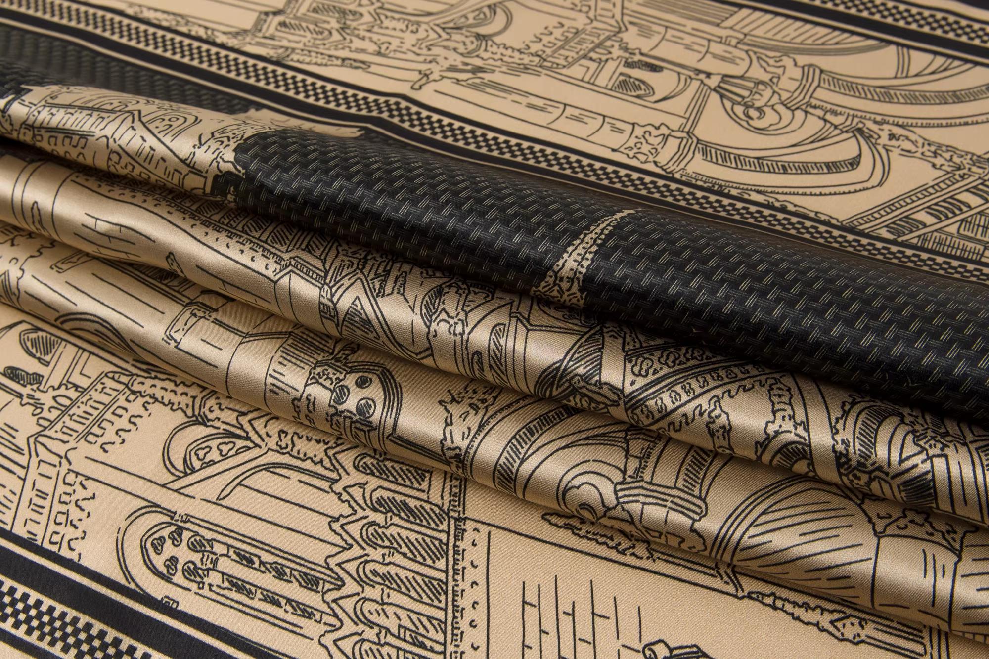 Retro Black & Gold Mulberry Silk Crepe Satin Headscarf with Geometric Print, Sun Protection, Multi-Purpose Women’s Scarf  long night scarf