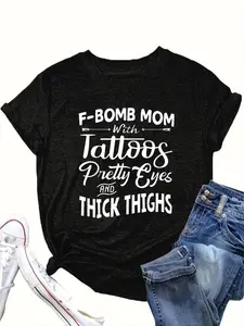 【Plus Size】 "Bomb Mom with Tattoos" Print Round Neck Tee, Fashion Casual Crew Neck Short Sleeve T-shirt for Daily Outdoor Wear, Women Plus Clothing for Summer, Top