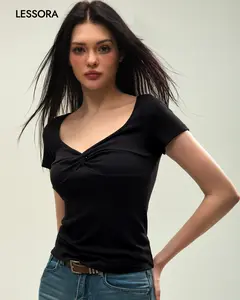 LESSORA Women's V Neck Short Sleeve Top Slim Fit Ribbed Twist Front Tee