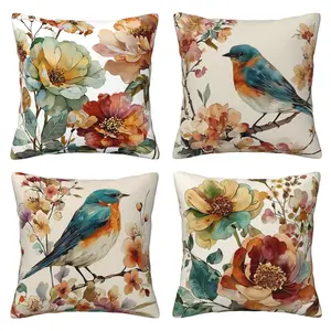Spring watercolor orange bird and flower patterns, home decoration pillow cover, suitable for sofas, beds, chairs, 4-piece set with double-sided printing
