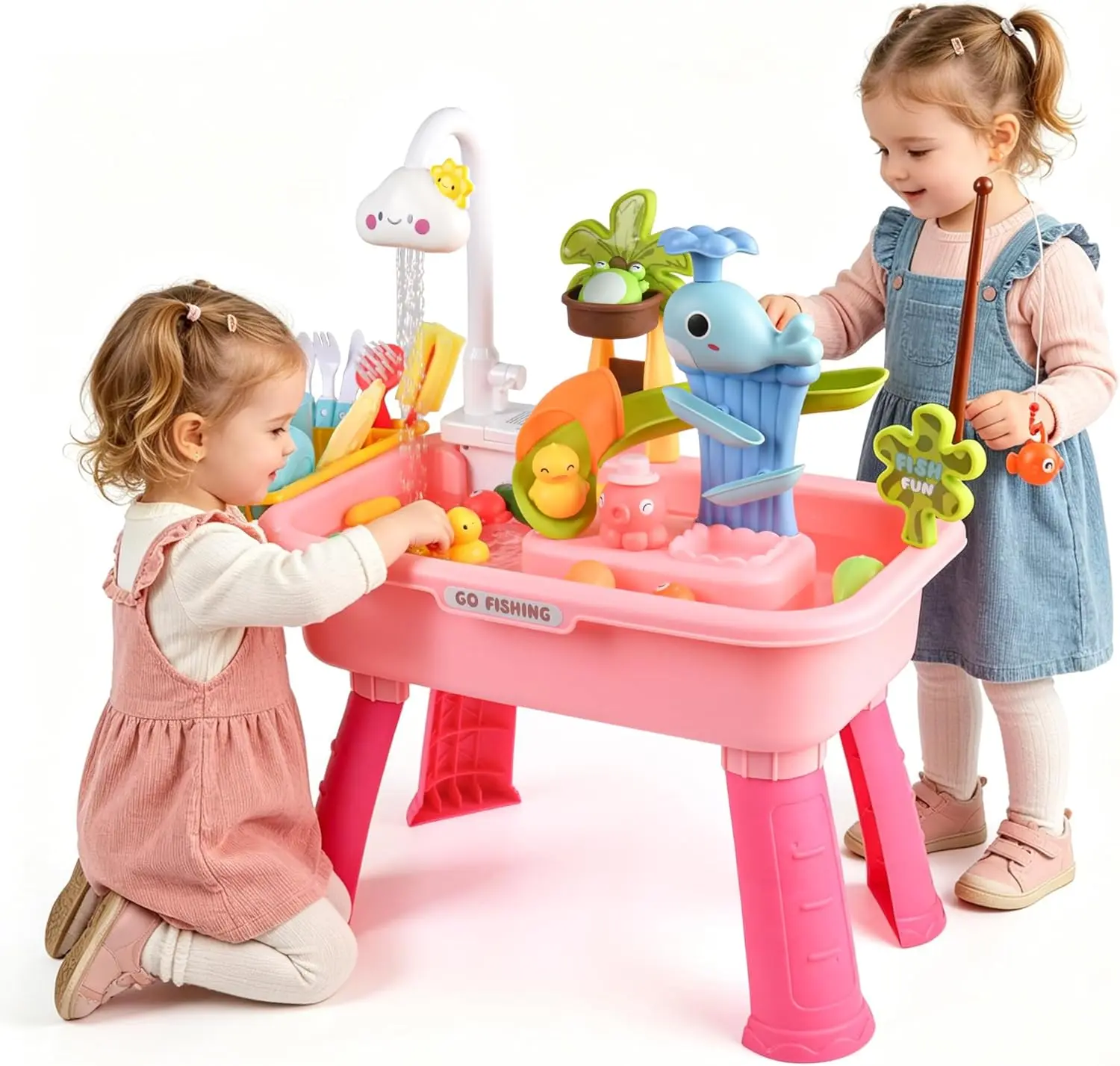 Color Changing Kitchen Sink Toy with Upgraded Electric Faucet, Automatic Water Circulation, Dishwasher, Fishing Playset, Cutlery & Fishing Tools - Learning Toy, Perfect Gift for Kids, Requires 4 AA Batteries (Not Included)