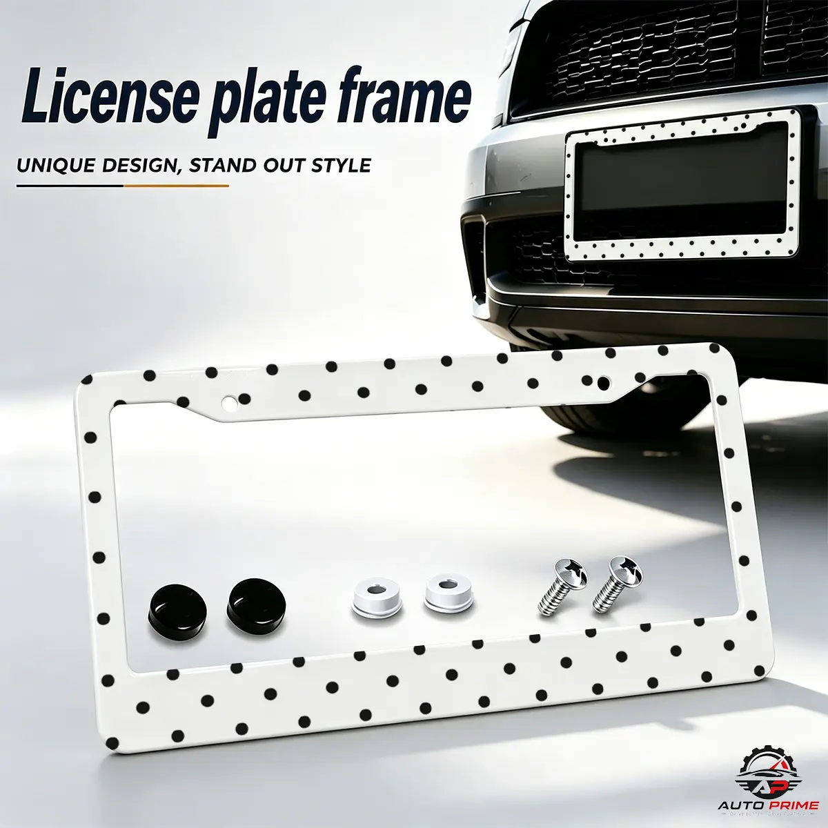 2-PCS White Polka Dot License Plate Frame Aluminum Car Tag Holder Aesthetic Car Accessories for SUV Truck Vehicle Decor