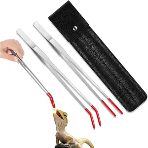 2 count Extra Long Feeding Tongs with Storage Bag Aquarium Tweezers Stainless Steel Rubber Tip Straight and Curved Reptile Tongs for Lizards Worms Tank Accessories, 10.5 Inches and 10 Inches