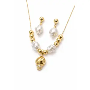 18K Gold Plated Seashell Necklace Earrings Set CZ Pendant Faux Pearl Adjustable