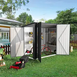AECOJOY Outdoor Metal Storage Shed 4' x 7.5' with Triple Lockable Door, Small Metal Storage Cabinet for Bicycles, Tools Organiser Racks Vertical, Modern & Adjustable 3-tier Shelving, Galvanized Coating,  Modern Home Patio Organizing