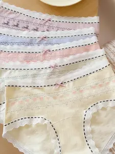 2026 New Lace Cute Sweet Fresh Print Women's Underwear, Comfortable Breathable Triangle Panties, 5 Pack, Girls' Daily Wear